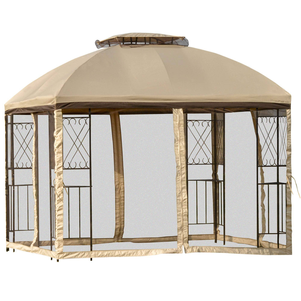 Beige Outdoor Patio Gazebo Canopy with Double Tier Roof D429