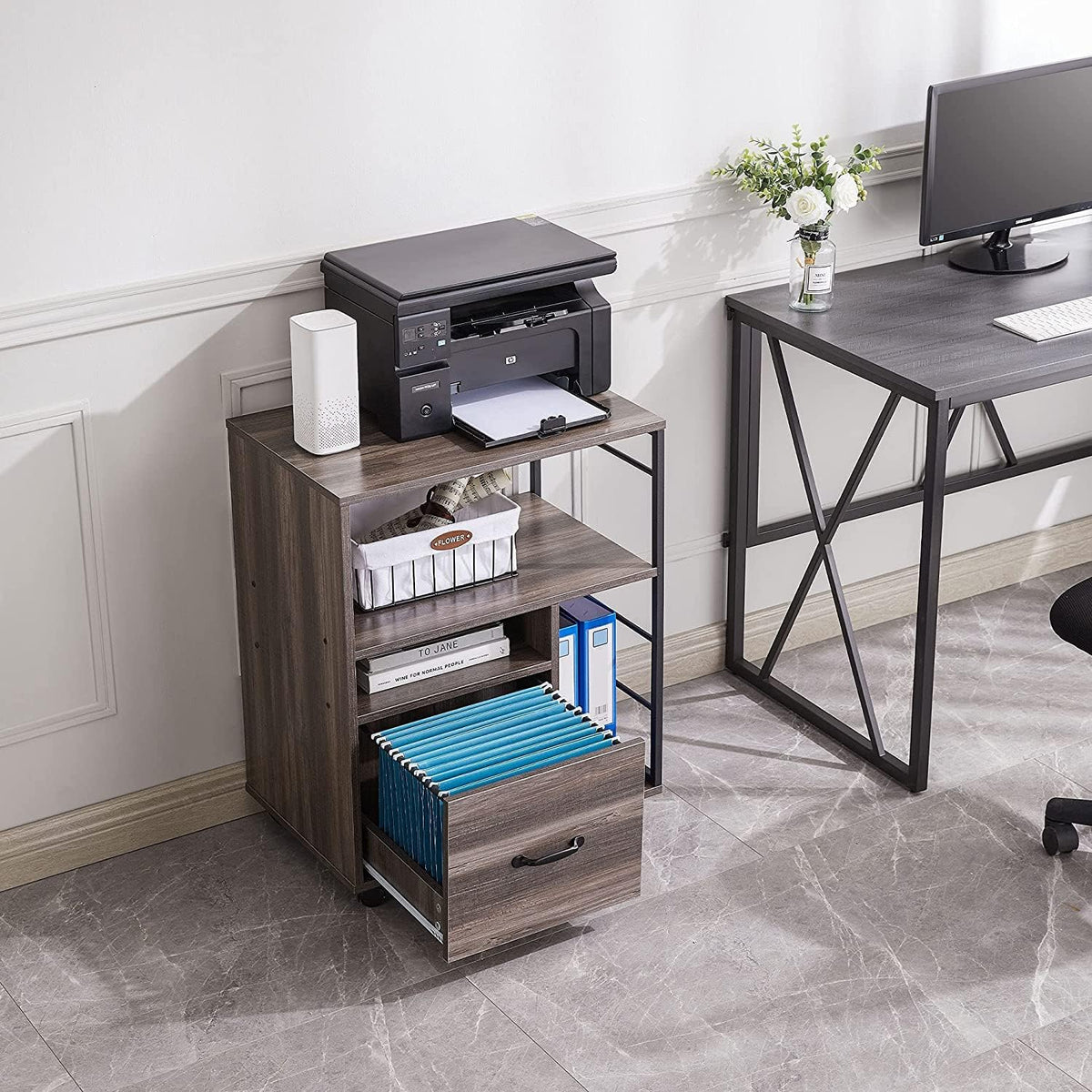Retro Grey Mobile File Cabinet with Drawer B7122