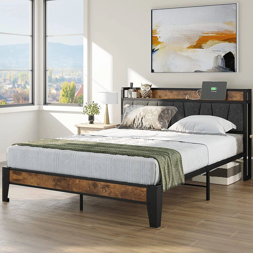 King Metal Bed Frame with Storage Headboard and Outlets G9655