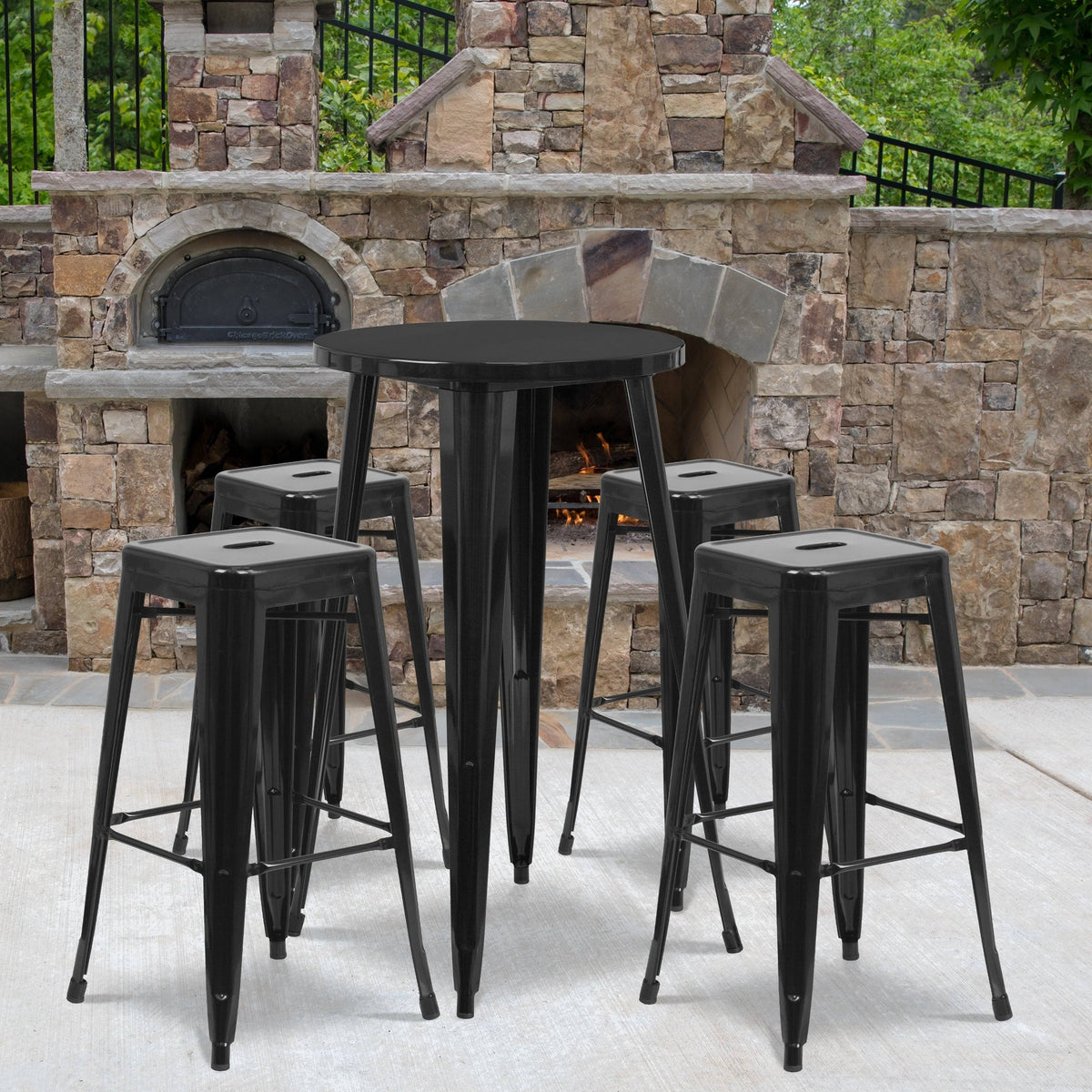 24-Inch Round Metal Indoor-Outdoor Bar Table Set with 4 Backless Barstools, Black I941051