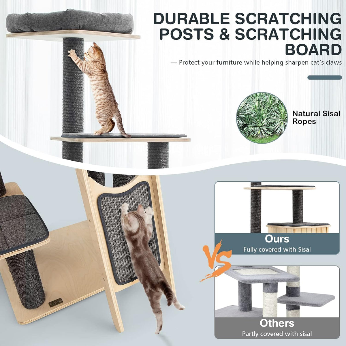Grey Wooden Cat Tree with Sisal Posts & Scratch Board X122