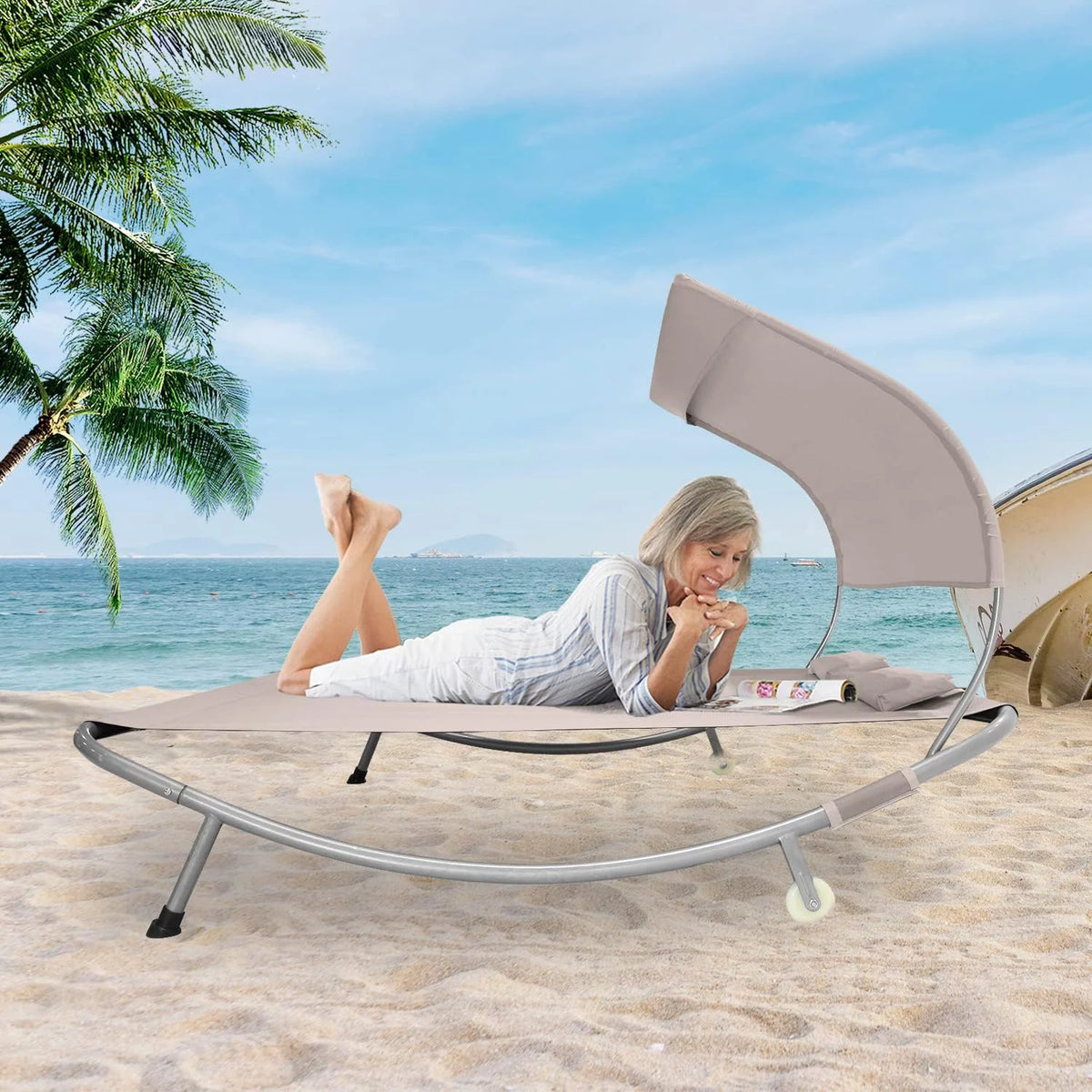 Double Chaise Lounge Bed with Canopy, Headrest Pillow and Wheels R3777