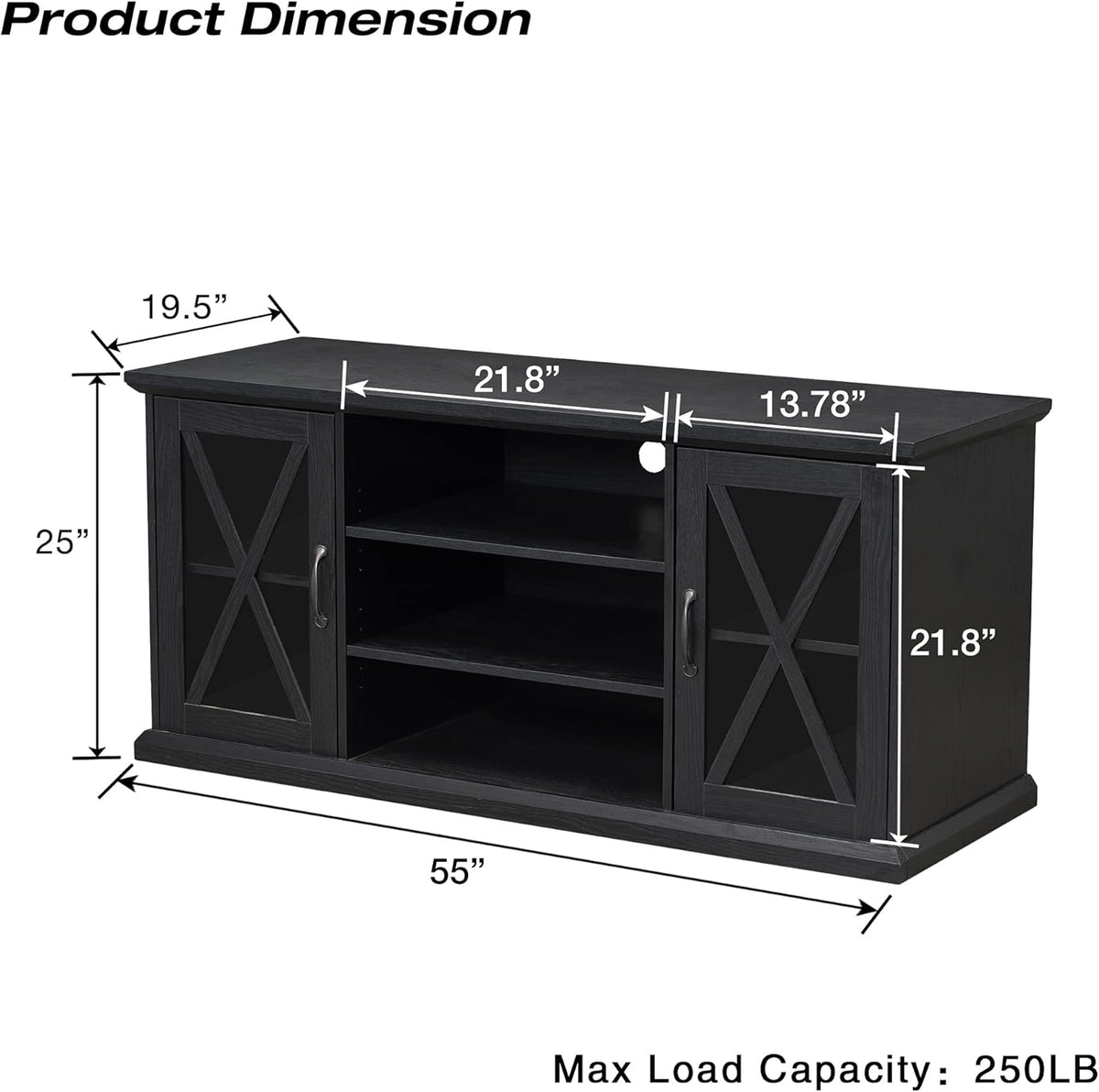 Black TV Stand with Storage Adjustable Shelves G558