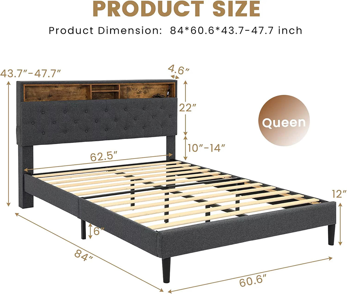 Full Size Platform Bed Frame with LED Headboard, Outlets and USB Ports, Dark Grey B257