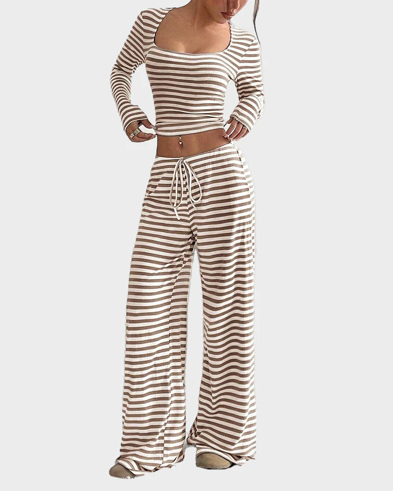 Stripe Crop Top & Wide Leg Two-Piece Lounge Set P3450