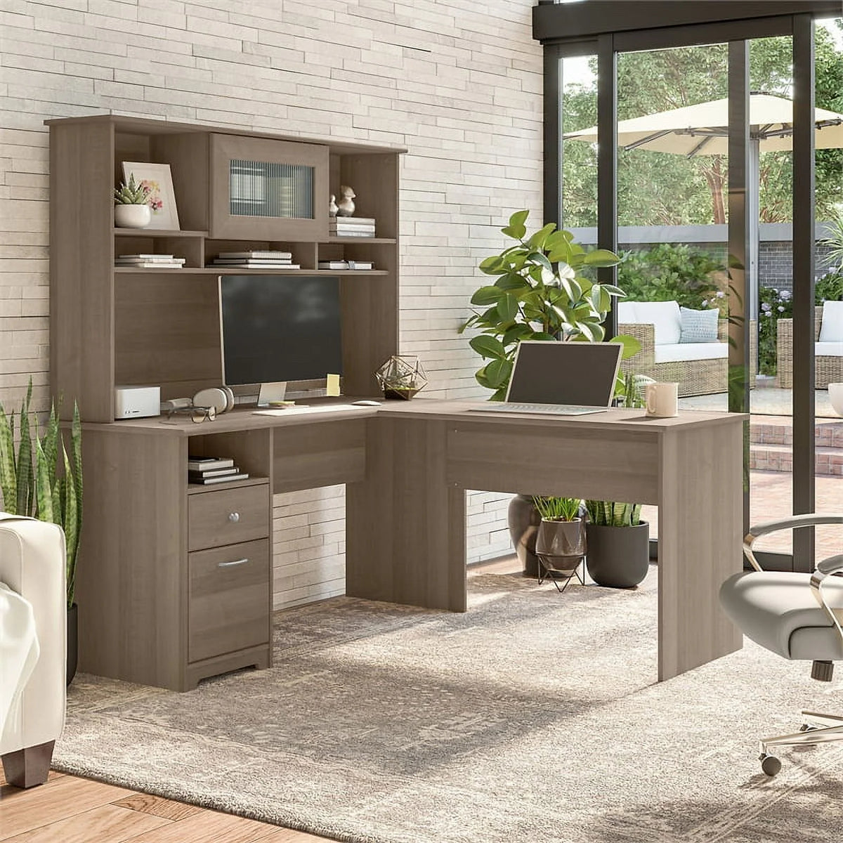 60W L Shaped Computer Desk with Hutch R356