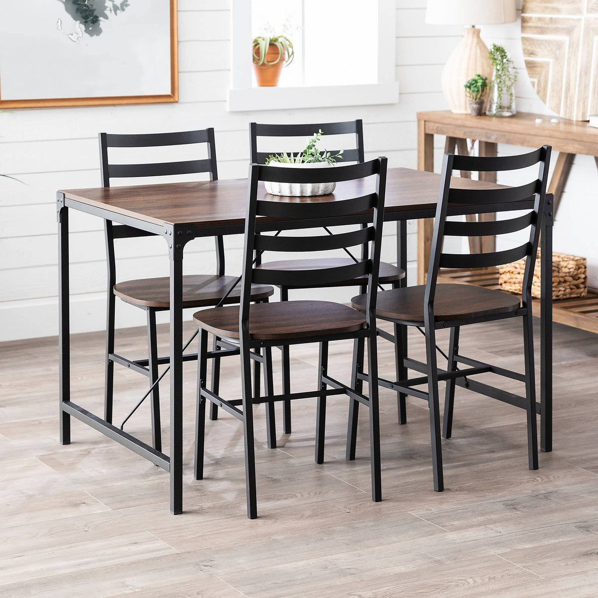 5pc Industrial Farmhouse Angle Iron Dining Set Dark Walnut M76926