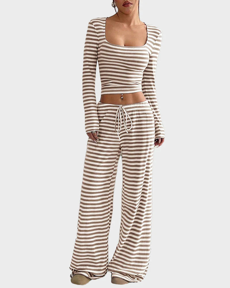 Stripe Crop Top & Wide Leg Two-Piece Lounge Set P3450