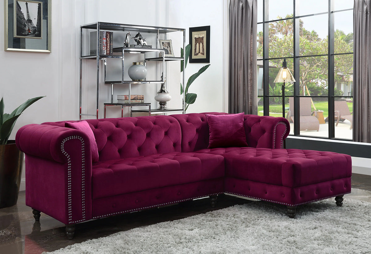Red Velvet Tufted Sectional Sofa with 2 Pillows E583