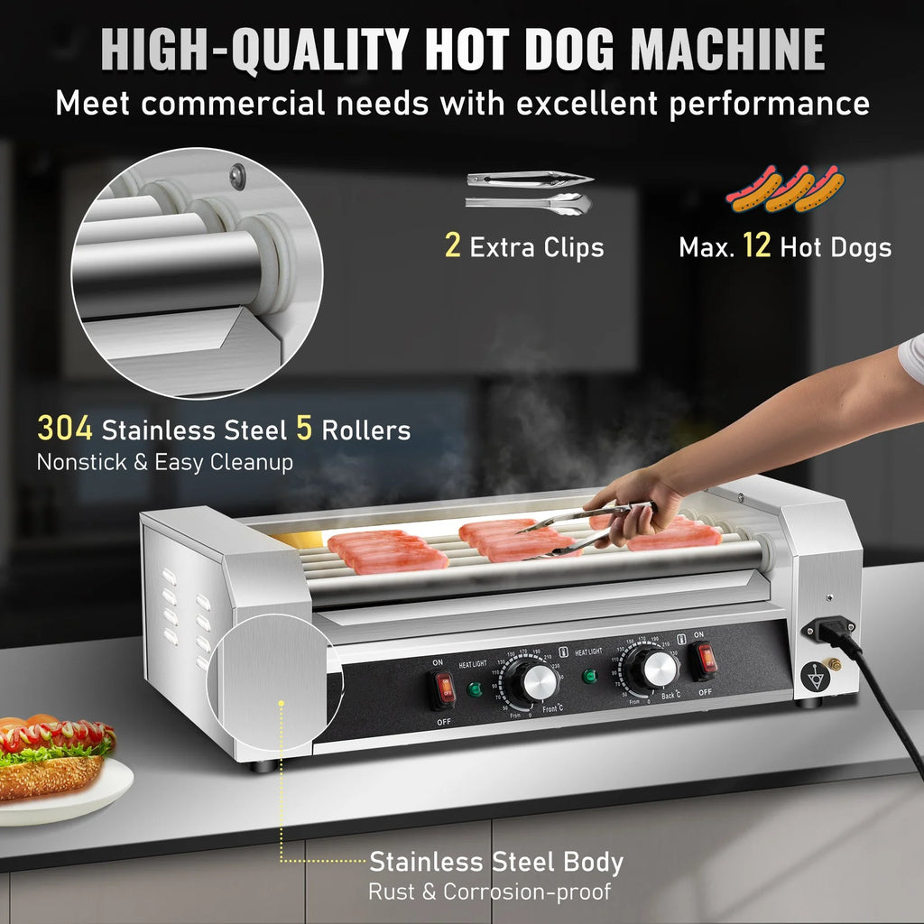 12 Hot Dog 5 Roller Grill Cooker Machine Stainless Steel 750W D4739