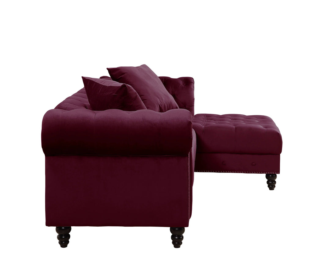 Red Velvet Tufted Sectional Sofa with 2 Pillows E583