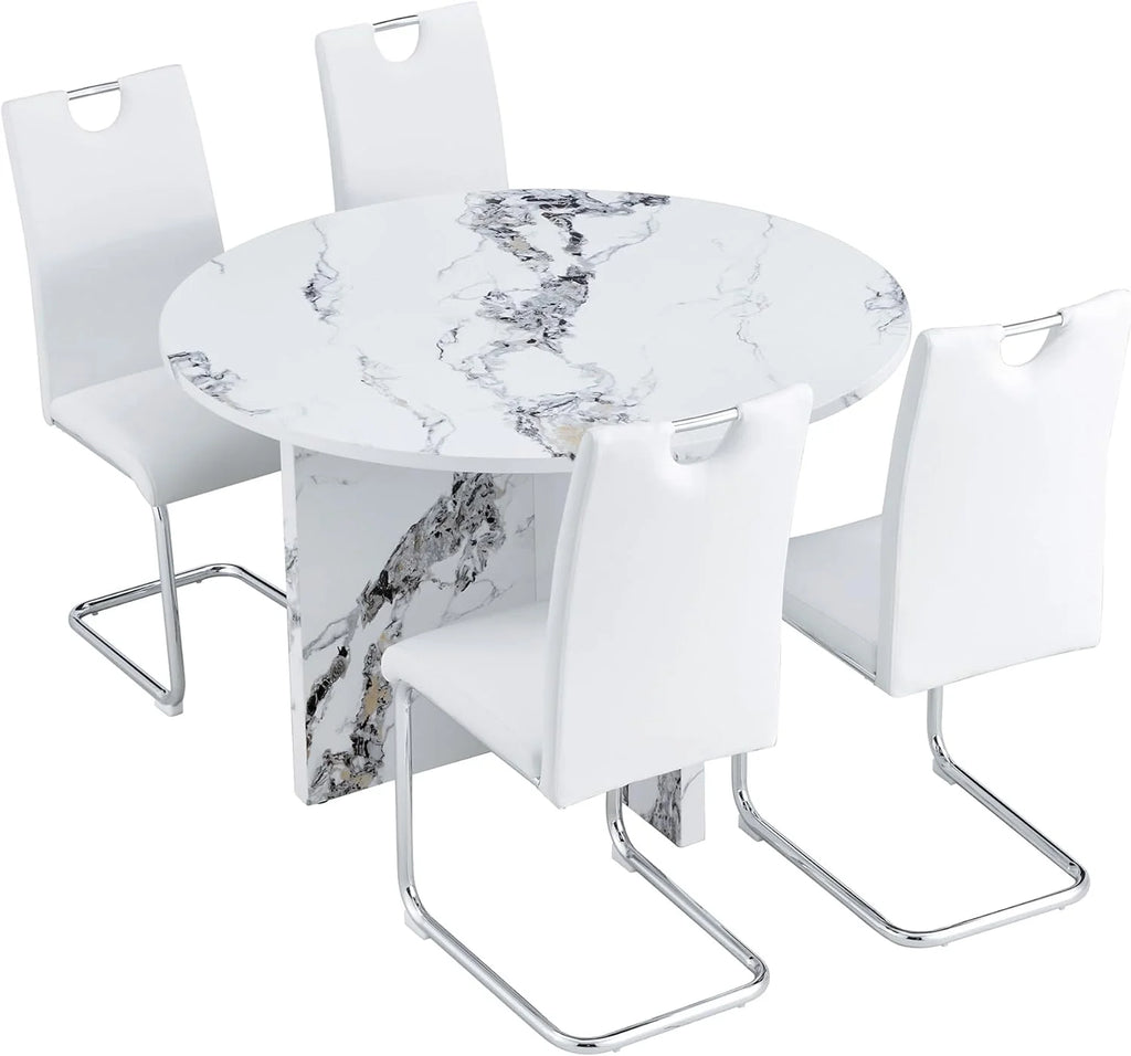 White 5 Piece Round Dining Table Set L5076
