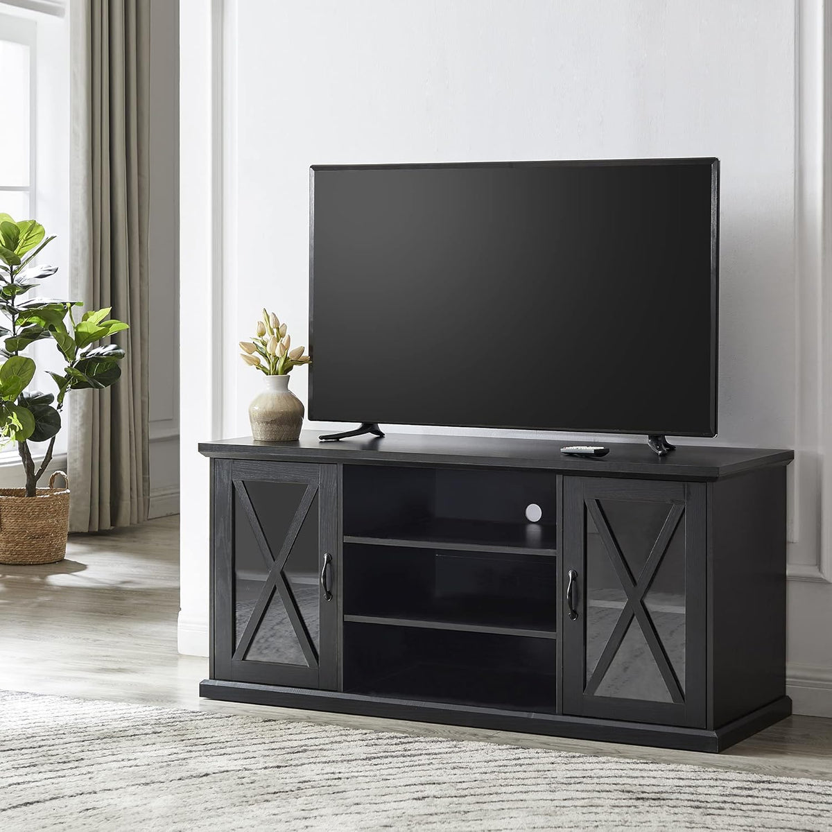 Black TV Stand with Storage Adjustable Shelves G558