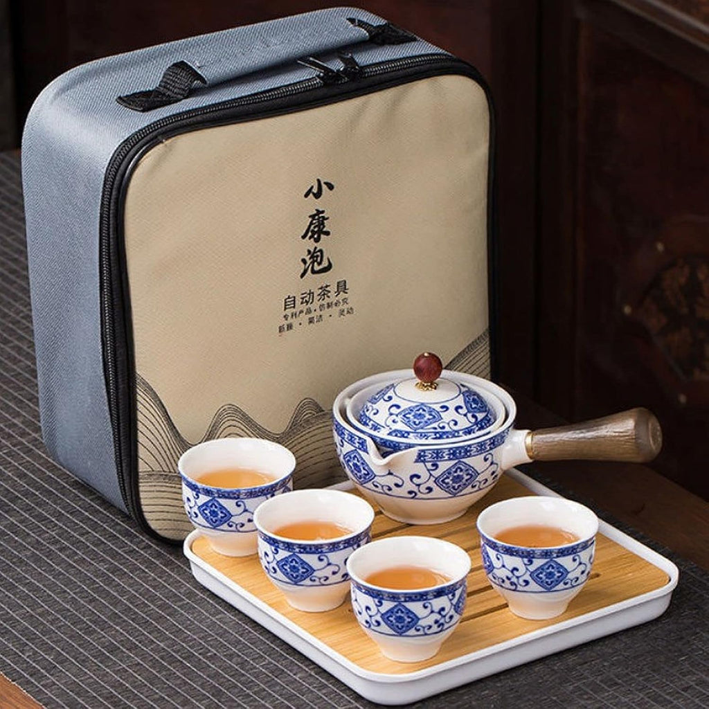 Ceramic Portable Travel Tea Set with 360 Rotation Teapot, 4 Tea Cups, Bamboo Tea Tray and Travel Bag W7023