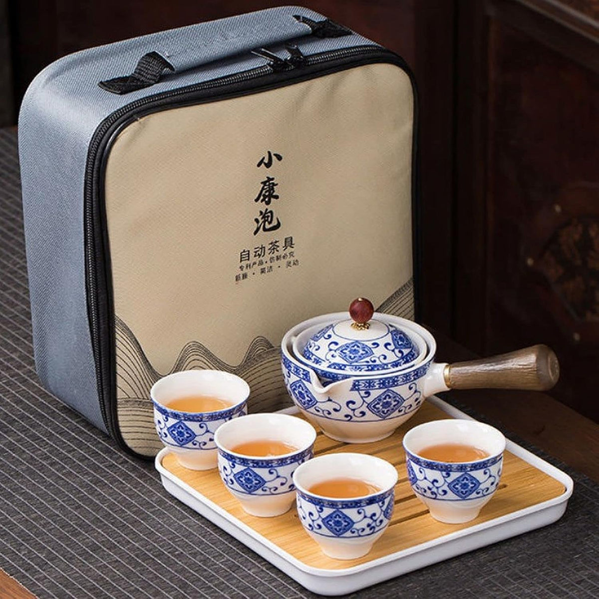 Ceramic Portable Travel Tea Set with 360 Rotation Teapot, 4 Tea Cups, Bamboo Tea Tray and Travel Bag W7023