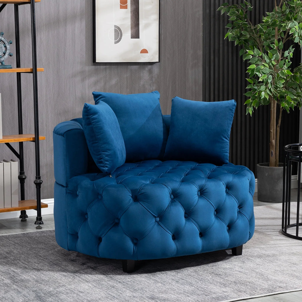 Navy Blue Velvet Oversized Barrel Accent Chair with 3 Pillows E8245
