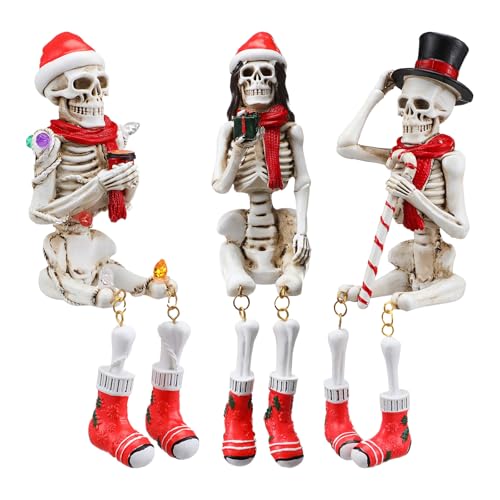 3 Pcs Skeleton Figurines with Christmas Hat and Scarf 7.5" Tall I805