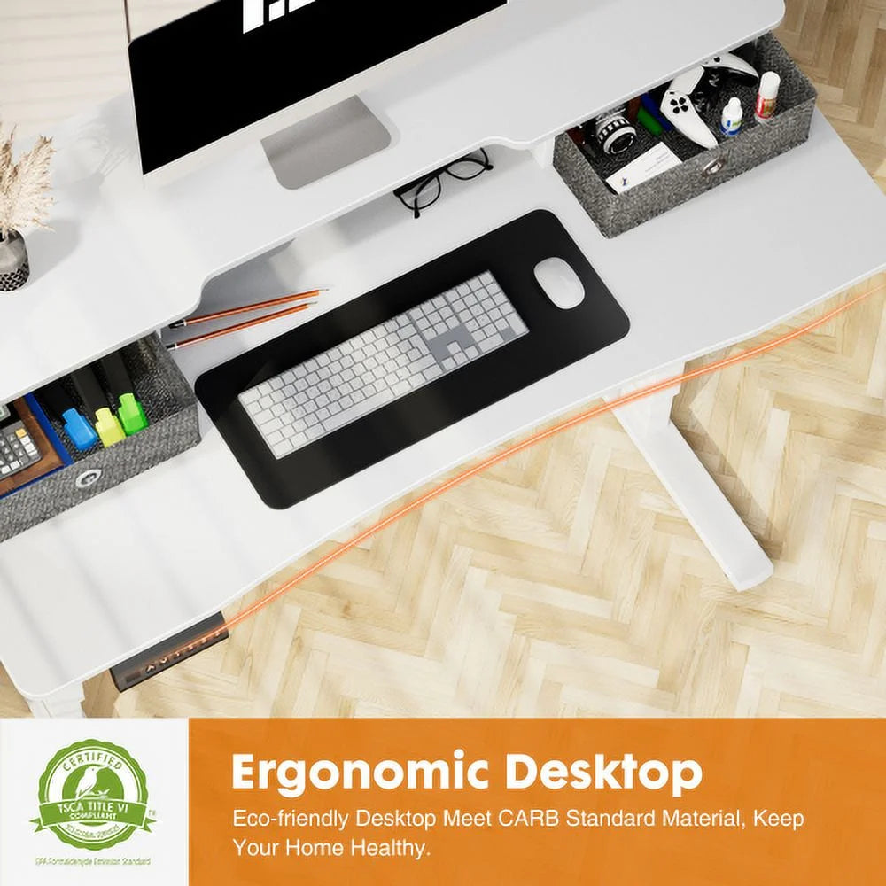 Height Adjustable Electric Standing Desk with Storage Shelf Double Drawer White J915040