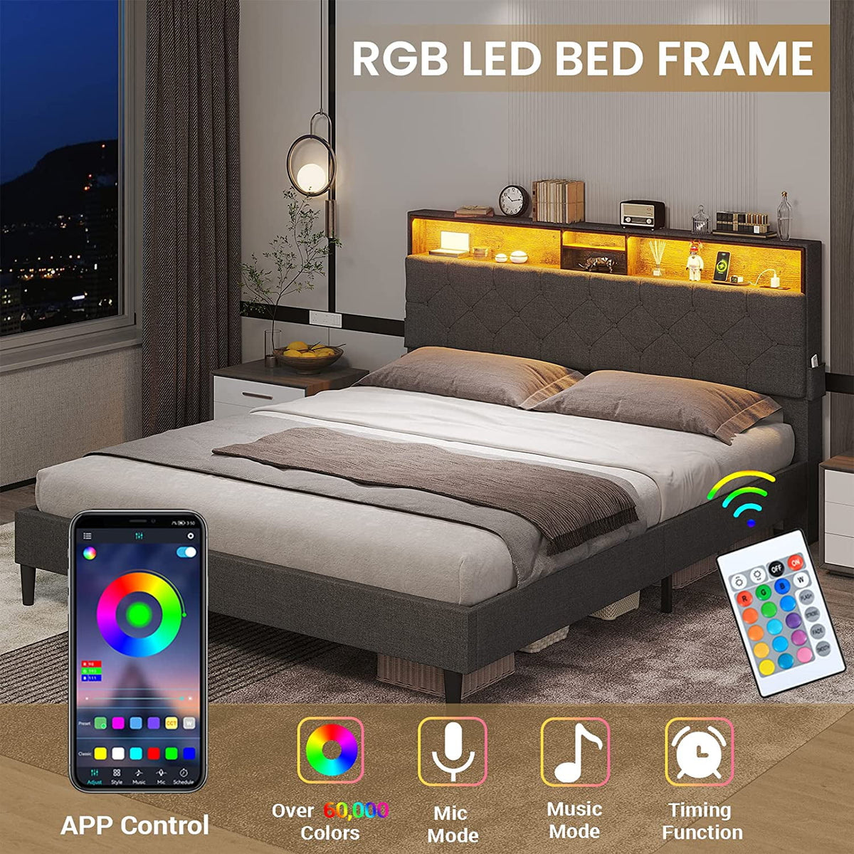 Full Size Platform Bed Frame with LED Headboard, Outlets and USB Ports, Dark Grey B257