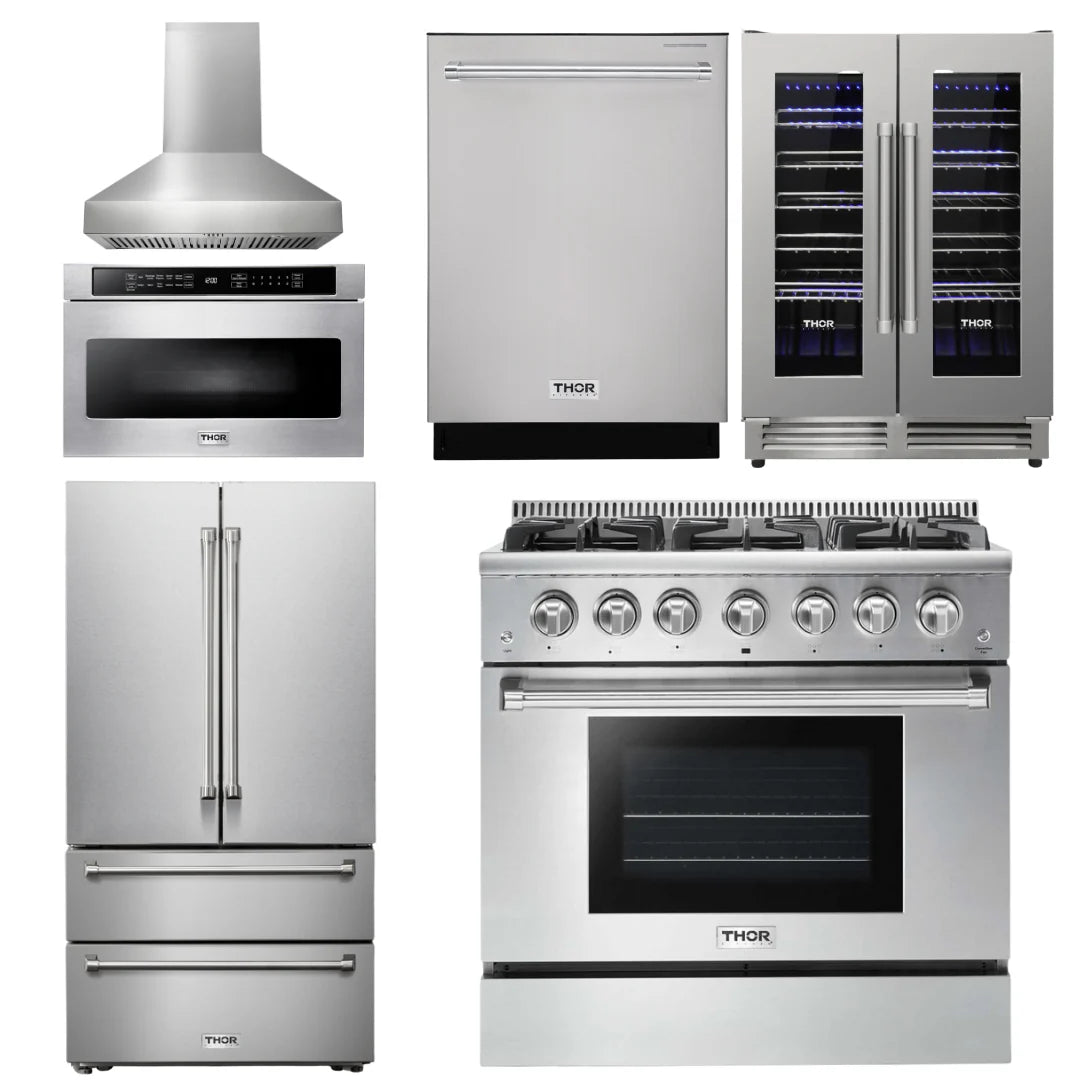 36 Dual Fuel Range, Range Hood, Microwave, Refrigerator, Dishwasher, Wine Cooler U933021