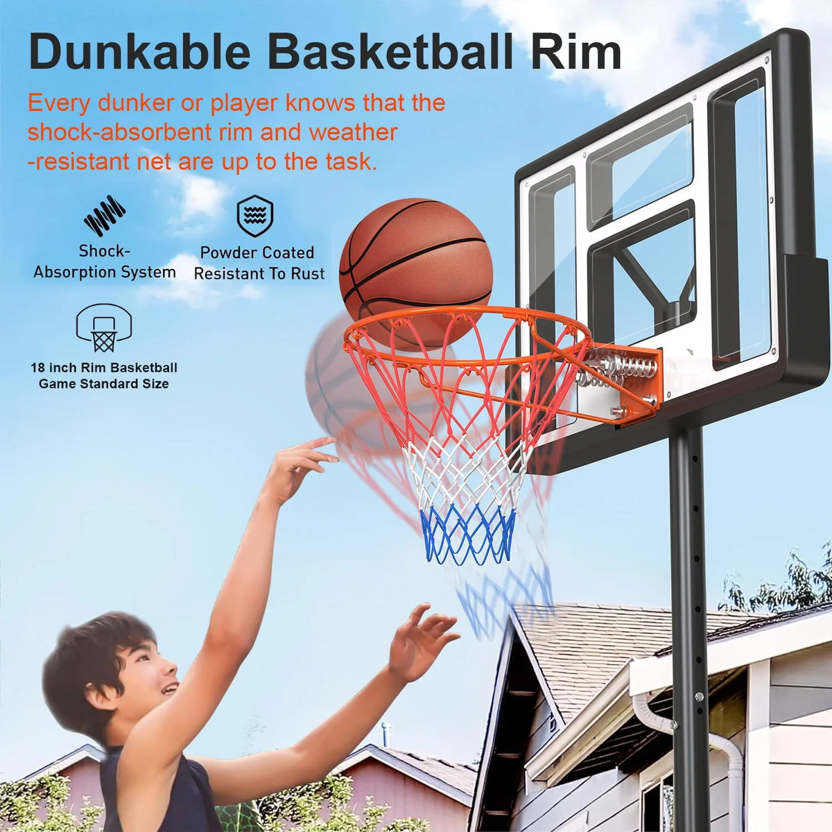 Height Adjustable Portable Basketball Hoop with Shatterproof PVC Backboard and 18 Rim E8090
