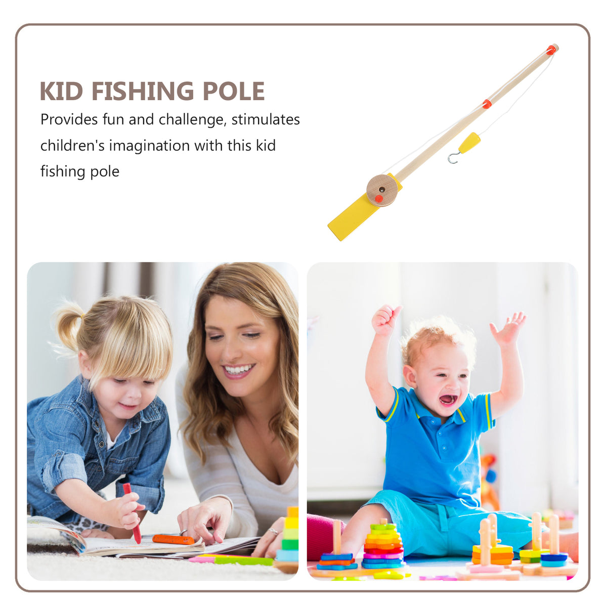 Set of 2 Fishing Rod Magnetic Hook Pole Kids Wooden Toddler Child O13071