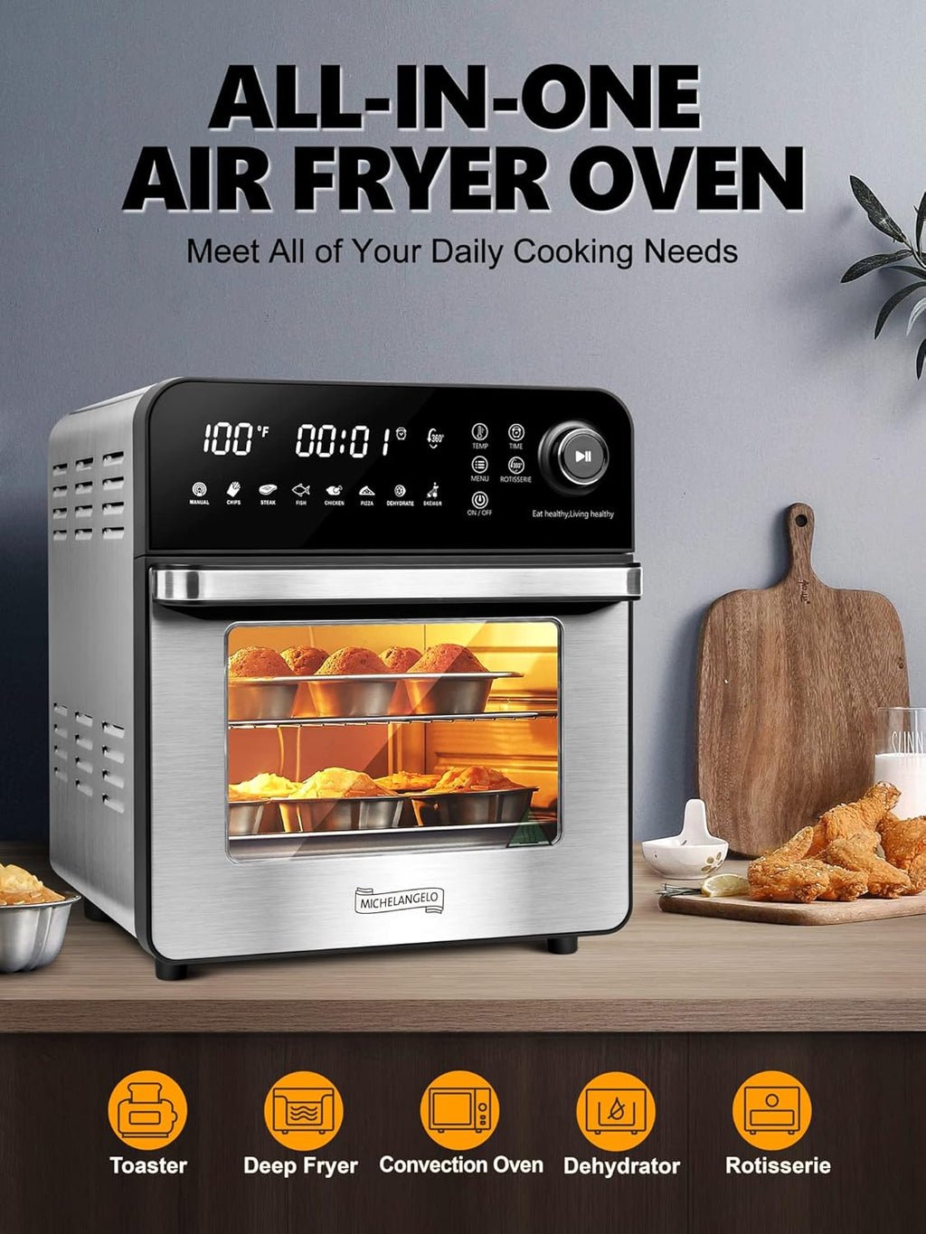 16 Quart 7-in-1 Stainless Steel Air Fryer Oven with Rotisserie and Racks V499035