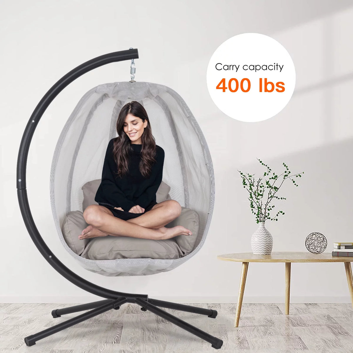 Egg Chair with Metal Stand and Cushion, 400LBS Capacity, Gray A186