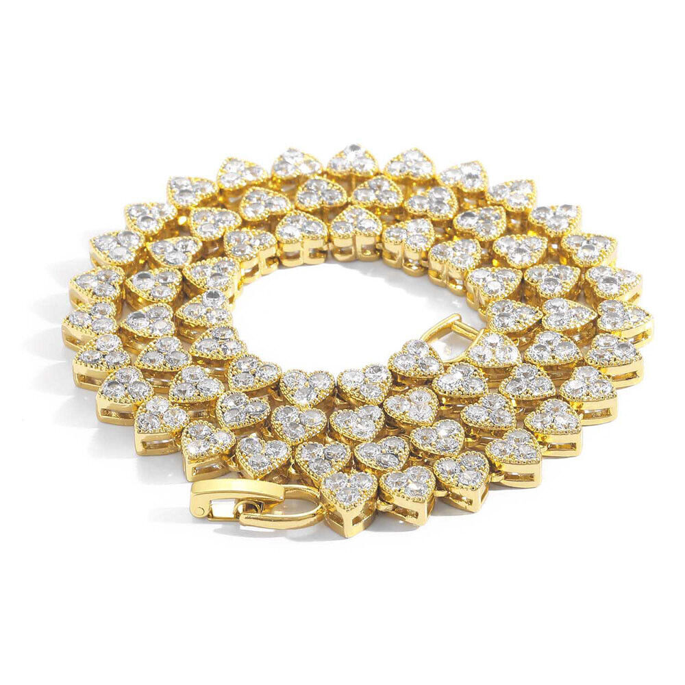 18K Gold Silver Plated 6.5mm Hip Hop Heart Chain Necklaces CZ S623