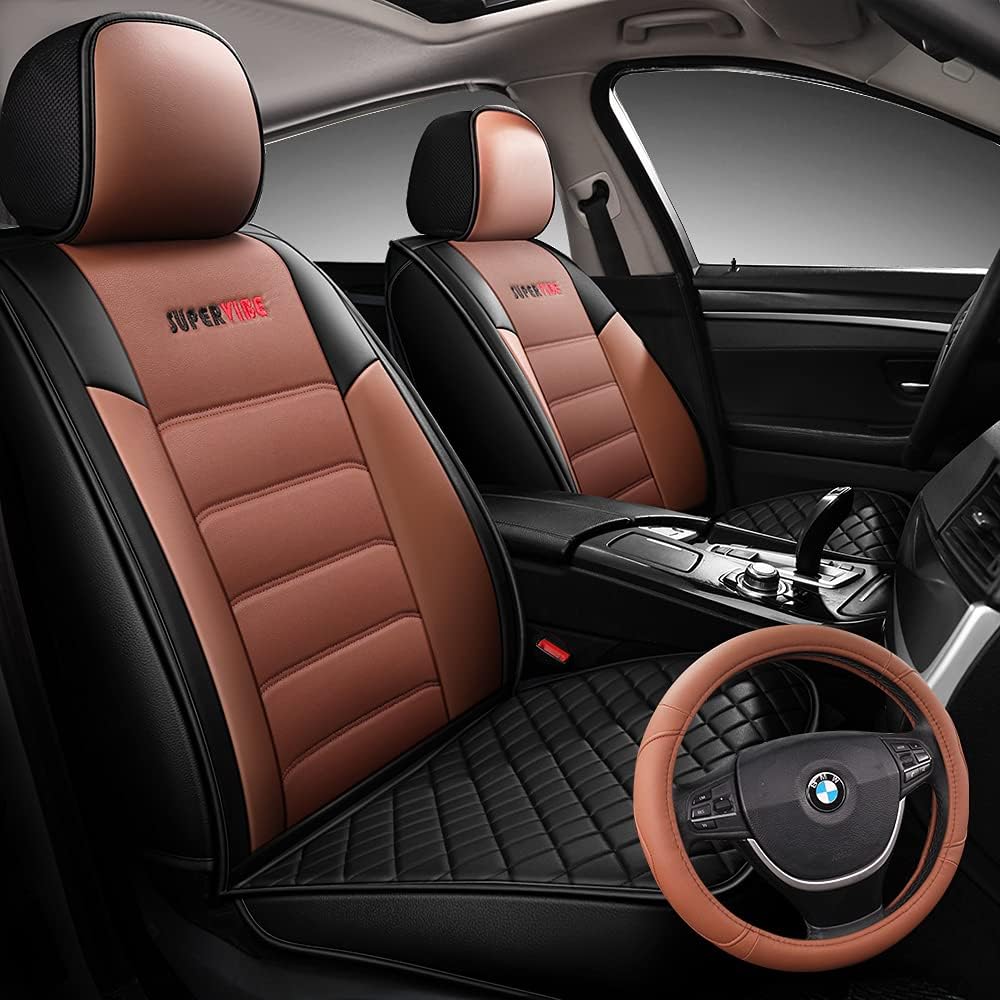Full Coverage Faux Leather Car Seat Covers with Steering Wheel Covers Set Black P7173