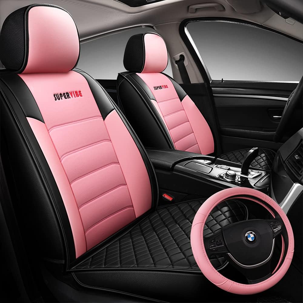 Full Coverage Faux Leather Car Seat Covers with Steering Wheel Covers Set Black P7173