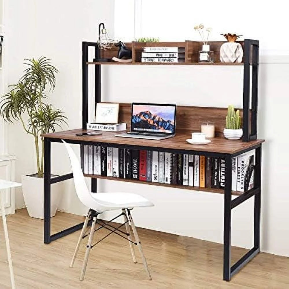 Light Walnut Computer Desk with Hutch and Bookshelves S7704
