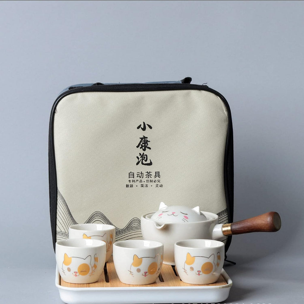 Ceramic Portable Travel Tea Set with 360 Rotation Teapot, 4 Tea Cups, Bamboo Tea Tray and Travel Bag W7023