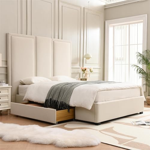 Queen Size Linen Upholstered Platform Bed with Storage Drawers J581757
