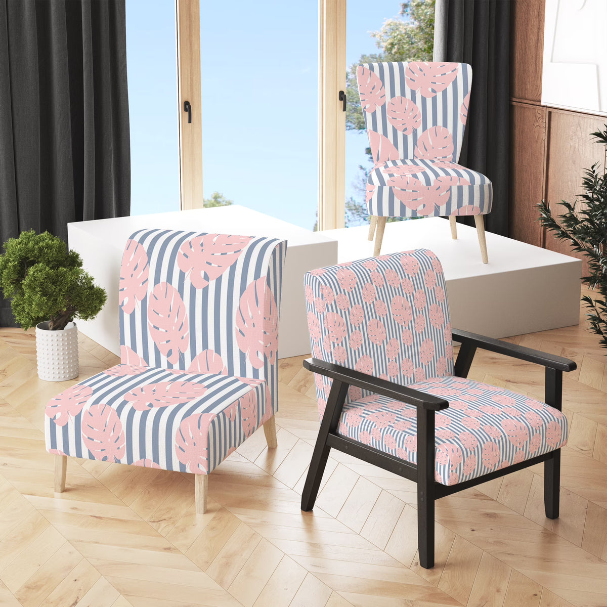 Pink and Blue Tropical Flowers Upholstered Accent Chair L47512