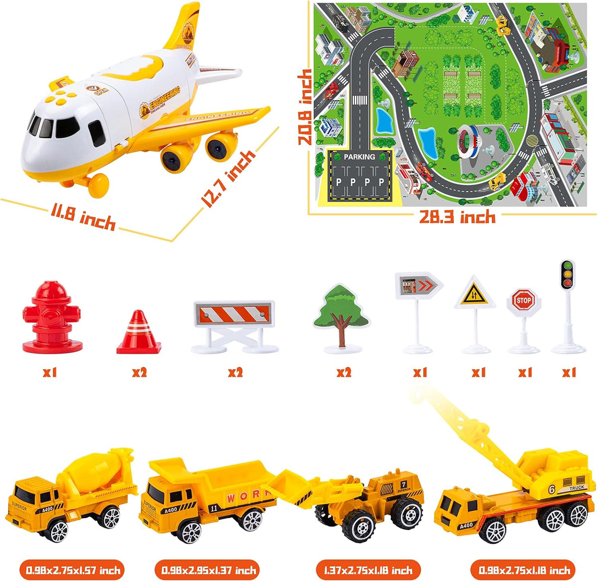 Toddler Airplane Toys with Lights and Sounds, Transport Cargo Airplane with 4 Construction Cars S318