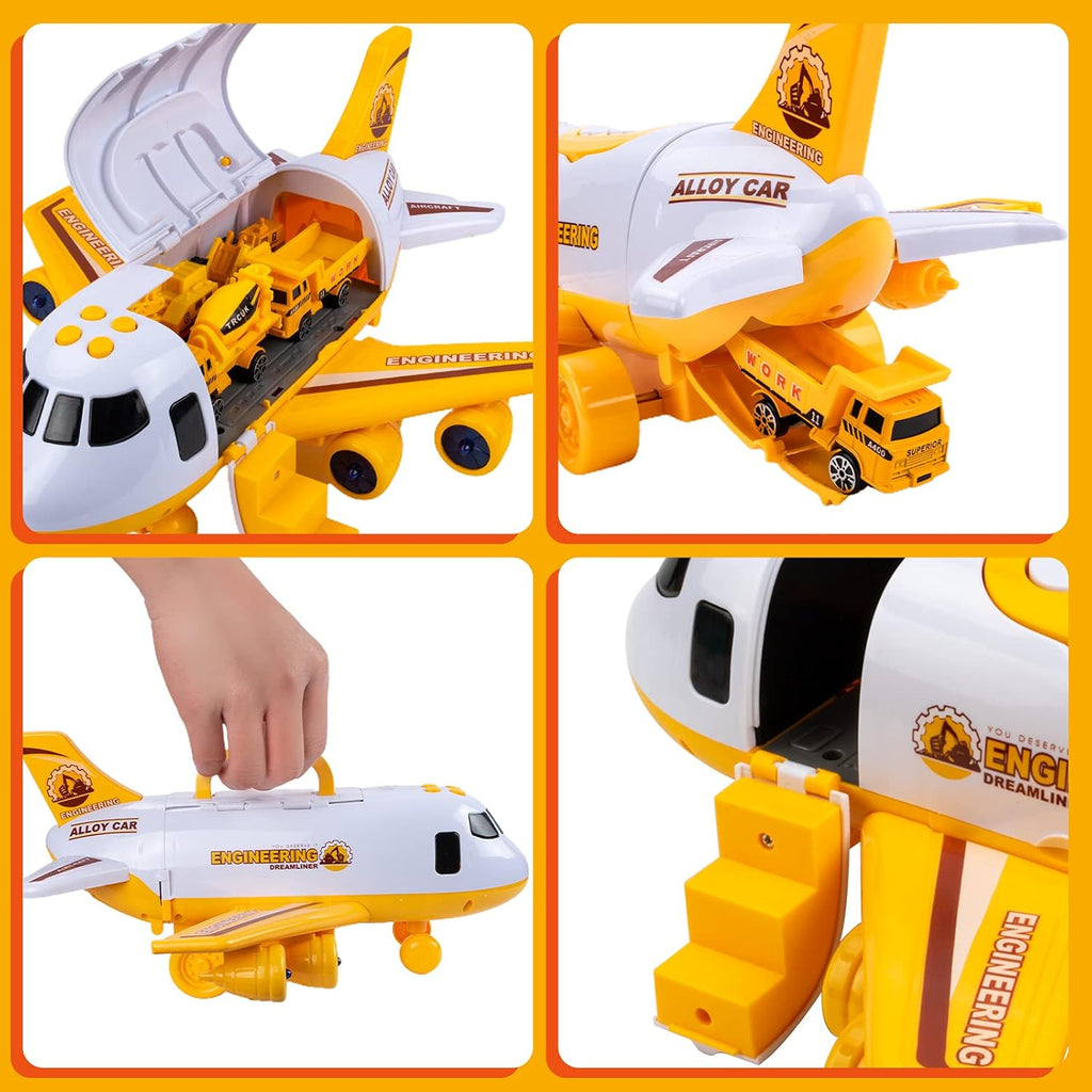 Toddler Airplane Toys with Lights and Sounds, Transport Cargo Airplane with 4 Construction Cars S318