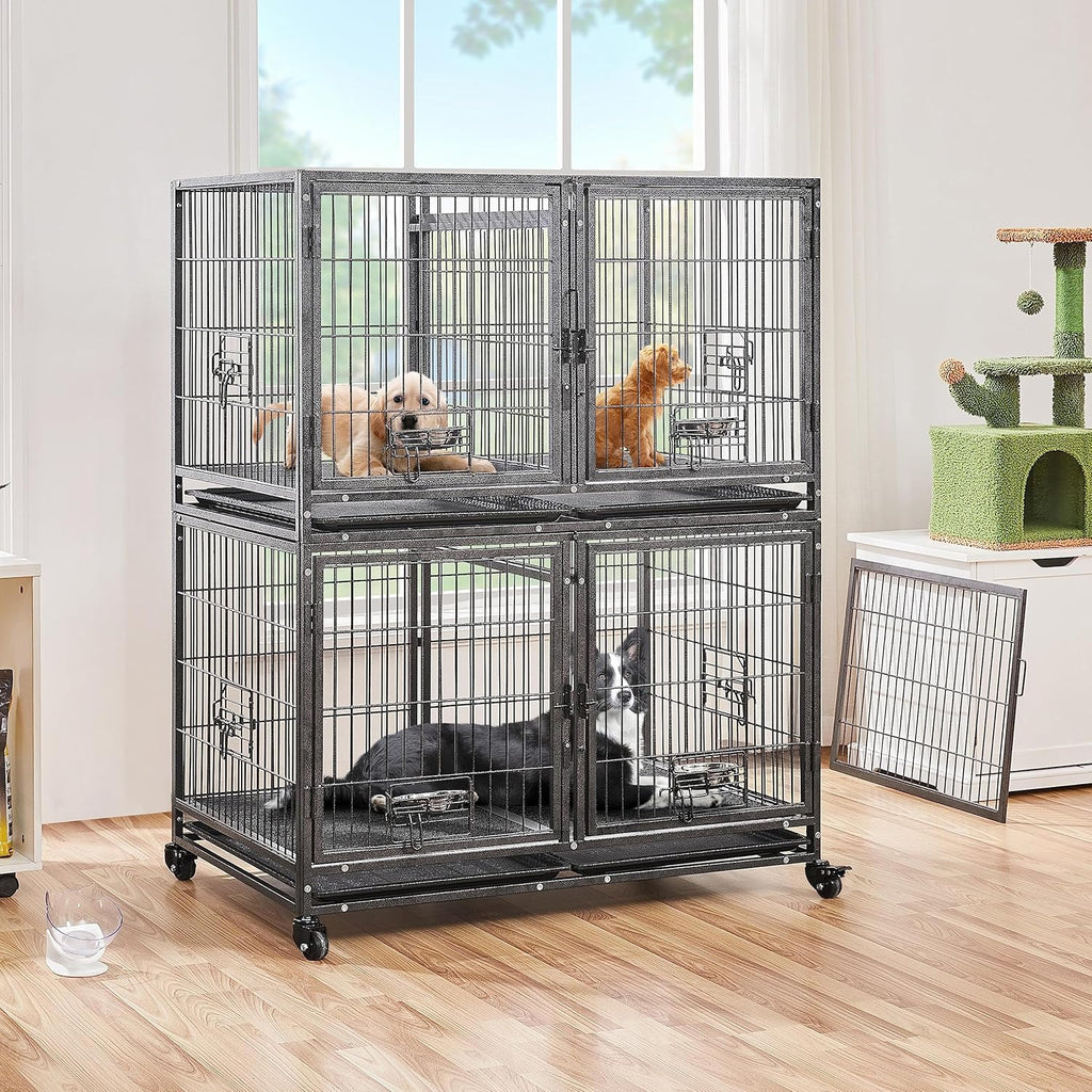 Stackable Dog Crate with Divider 43'' Rolling Heavy Duty Dog Cage with Open Top 2 Removable Trays H881513
