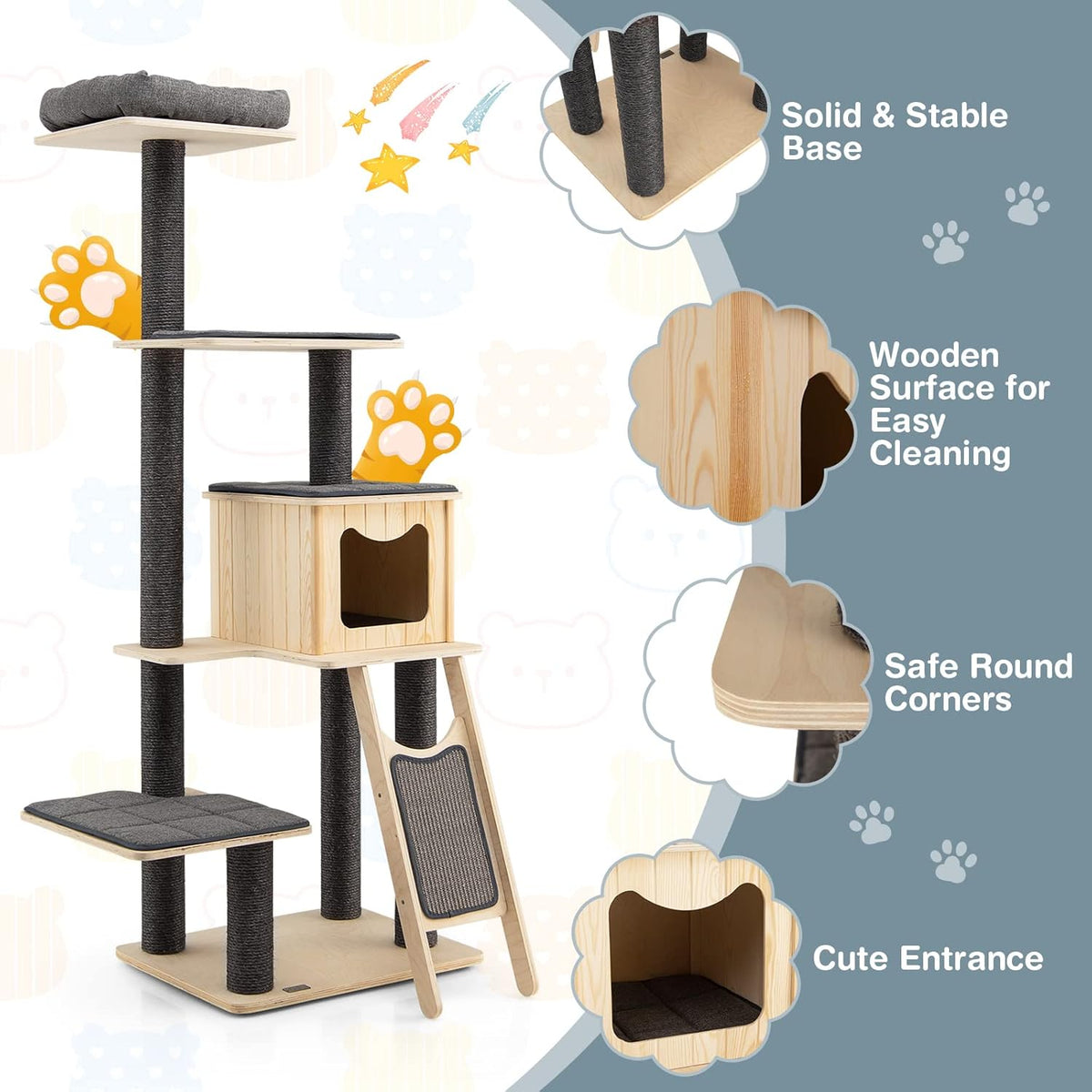 Grey Wooden Cat Tree with Sisal Posts & Scratch Board X122