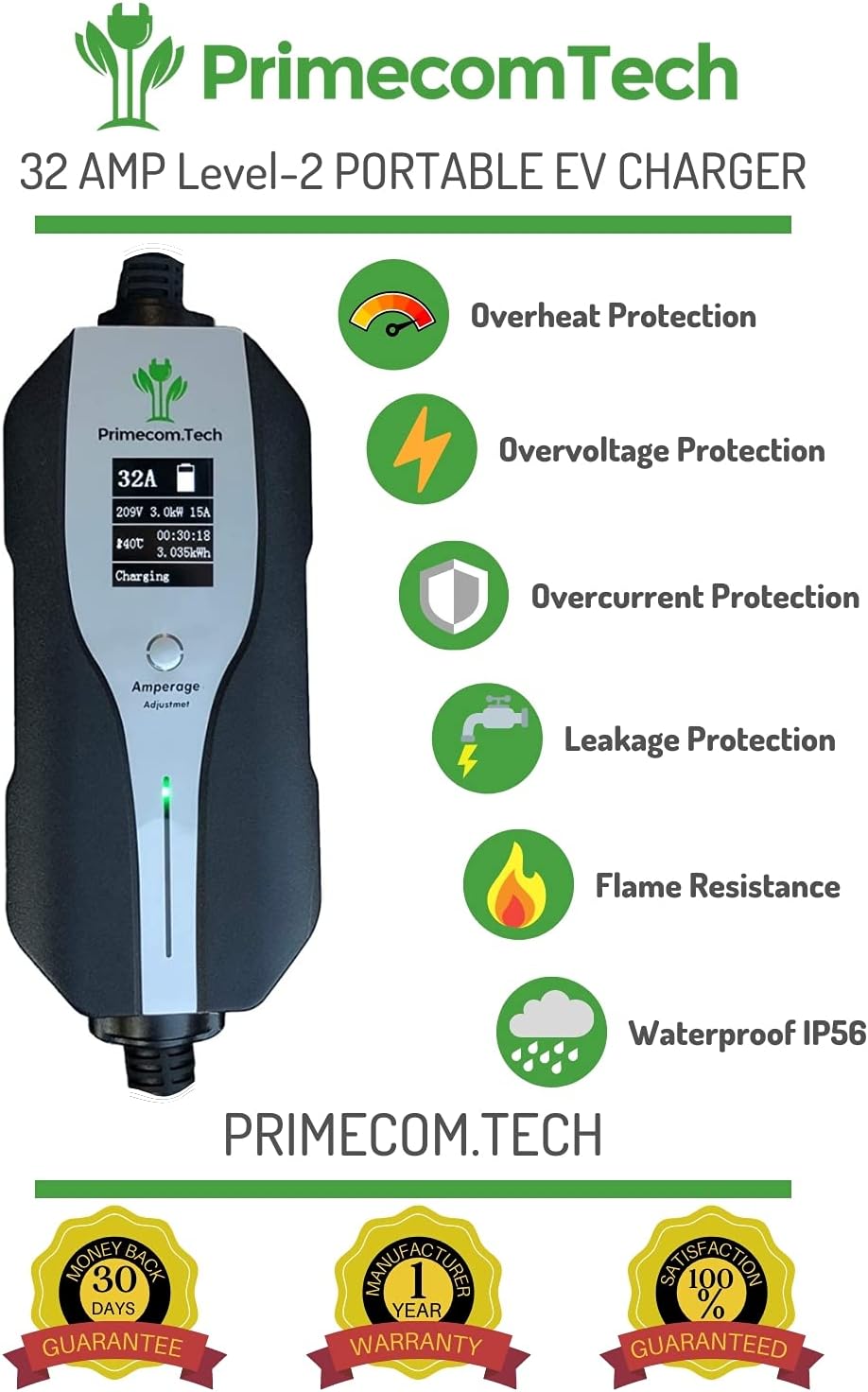 Level 2 Electric Vehicle Charger Amperage Adjustable 50Ft Cable N9606