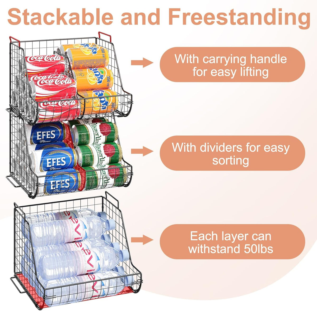 3 Tier Can Dispenser with 3 Divider, Wire Bins Z8776