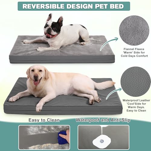 Waterproof Dog Bed Large Medium Sized Dogs Outdoor Orthopedic Crate Pad Washable Pet Beds Removable Cover Egg Crate Foam Support Durable Anti-Slip Kennel Pads 35"x22" Gray Y3610