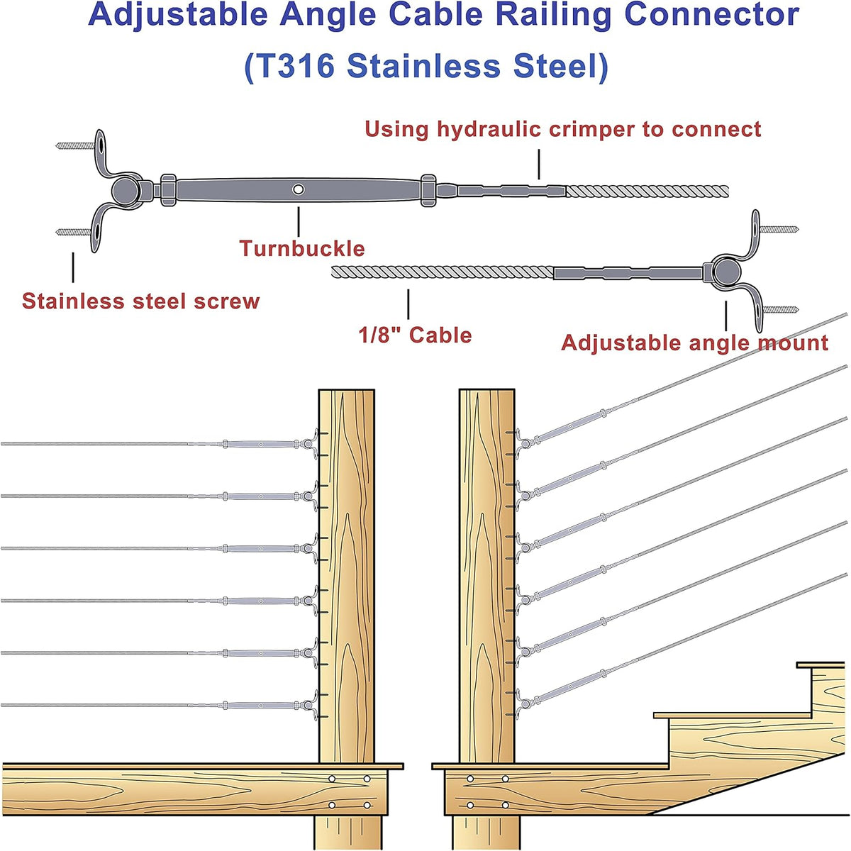 20 Sets T316 Stainless Steel Adjustable Angle 180° Cable Railing Kit L7367