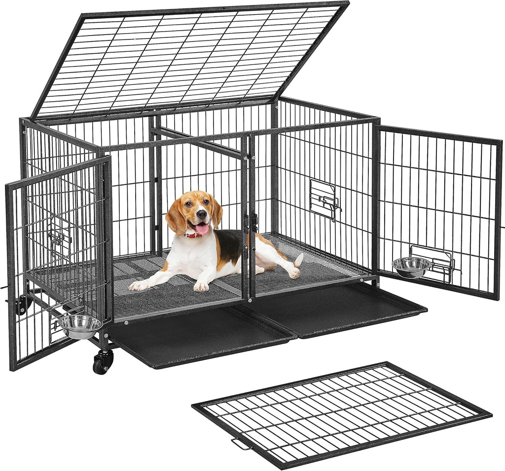 Stackable Dog Crate with Divider 43'' Rolling Heavy Duty Dog Cage with Open Top 2 Removable Trays H881513