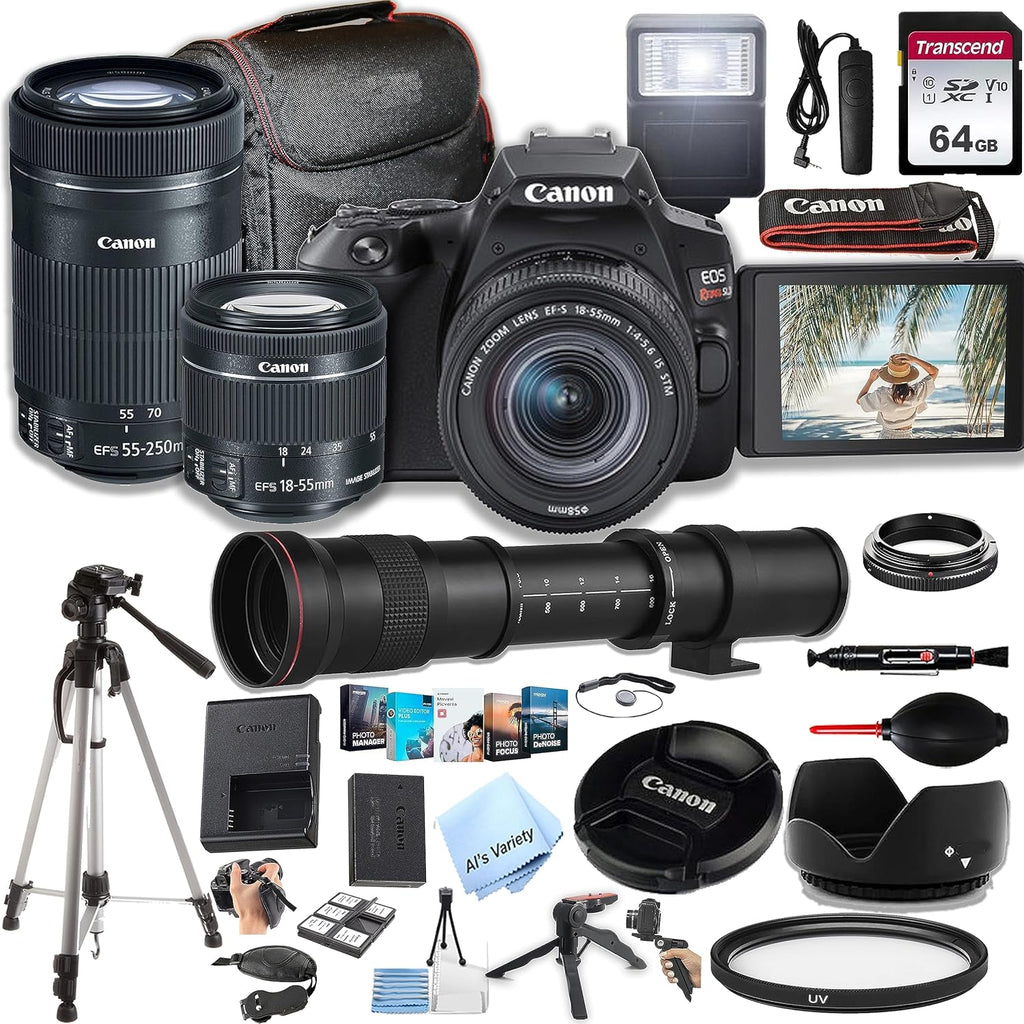 DSLR Camera with 18-55mm and 55-250mm and 420-800mm Lenses 64GB Memory Case Tripod Flash Remote 38pc Bundle E438138