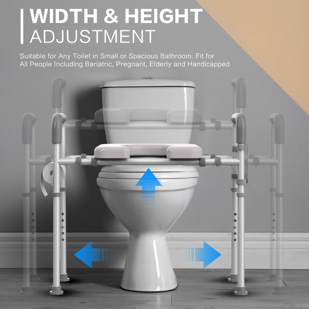 Raised Toilet Seat with Handles, Width and Height Adjustable Padded Toilet Seat Risers, Heavy Duty 350lbs B5972
