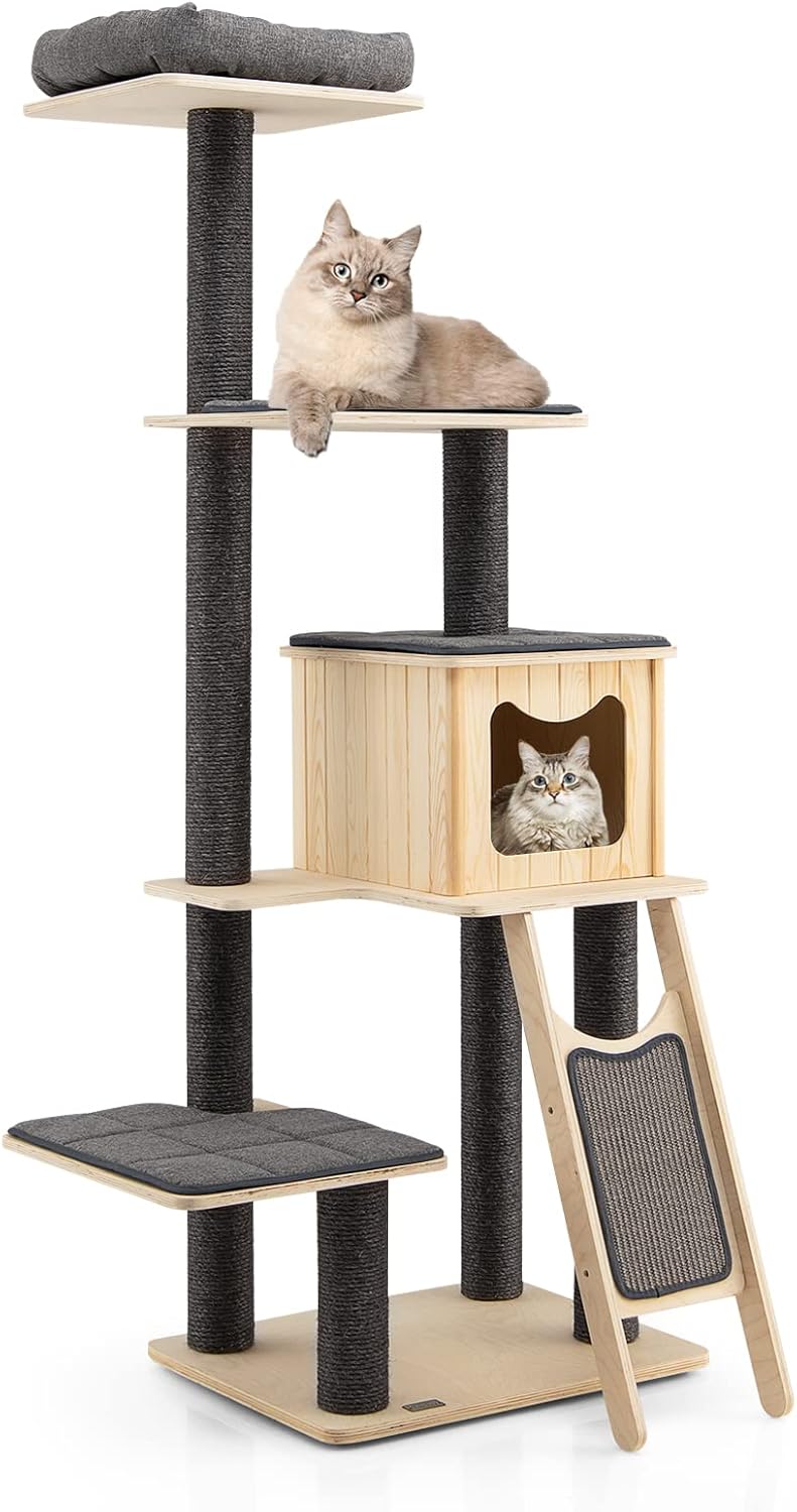 Grey Wooden Cat Tree with Sisal Posts & Scratch Board X122