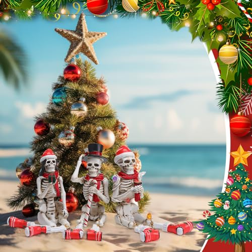 3 Pcs Skeleton Figurines with Christmas Hat and Scarf 7.5" Tall I805