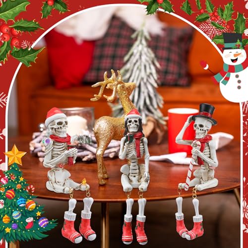 3 Pcs Skeleton Figurines with Christmas Hat and Scarf 7.5" Tall I805