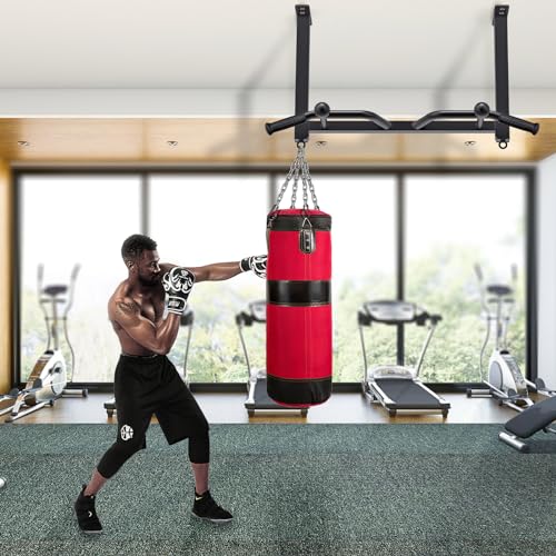 32" Ceiling Mounted Heavy Duty Pull Up Bar with Punching Bag Hanger and Resistance Bands W5163